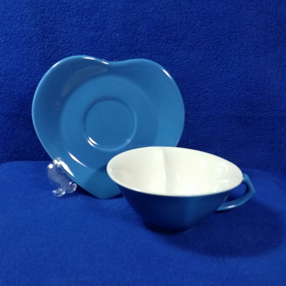 Vintage Mary Kay Blue Heart Shaped Tea Cup and Saucer 1980's Consultant Gift